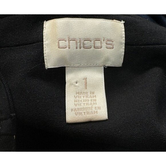 Chico's 1 Sz M Black Striped Moto Jacket Blocked Ponte Knit Tuxedo Blazer - Picture 13 of 15